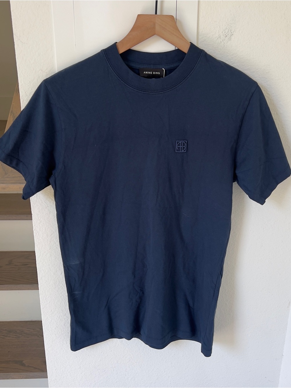 Anine Bing Lili Framed Monogram T-Shirt in Washed Navy Blue NWT - Picture 2 of 10